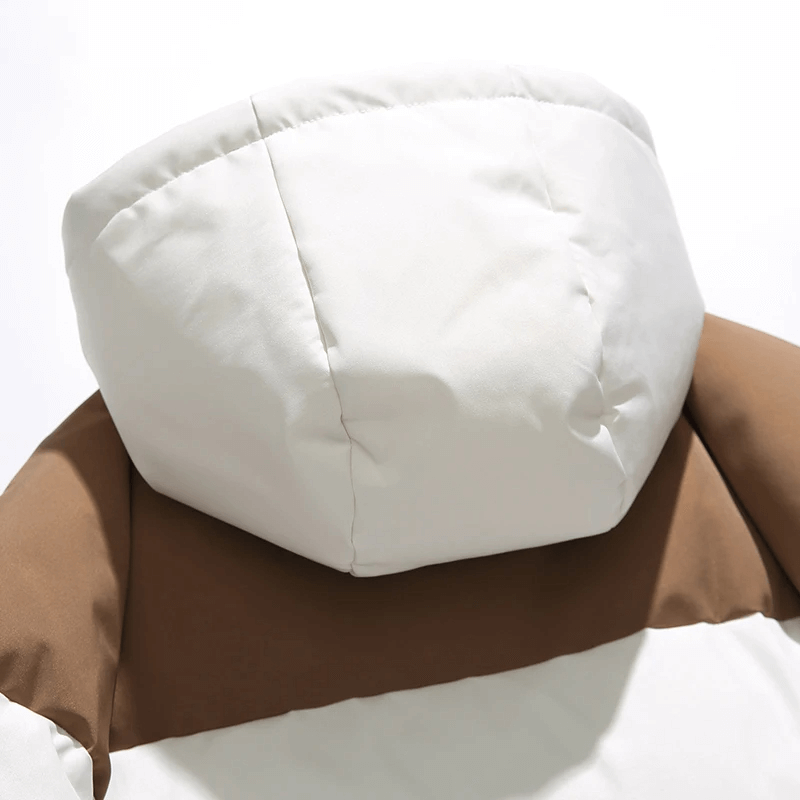 Warm hooded zipper jacket SF2117 with patchwork detailing, showcasing stylish hood and brown-cotton polyester fabric blend.